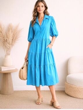 NWT! Anthro Summer Amadi Women's 100% Cotton Cordelia Midi Teal Shirtdress XS